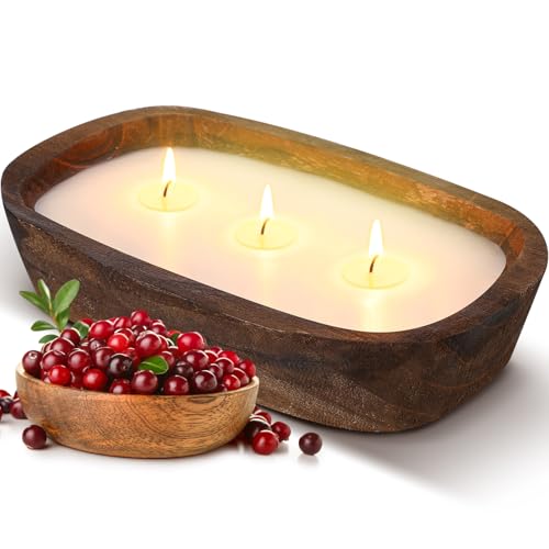 Threlaco 1 Pack 10 Inch Wood Dough Bowl Candles Home Rustic Dough Bowl Soy Candle 3 Wick Scented Candles Gifts for Men Women Farmhouse Table Centerpiece Home Decor for Christmas(Cranberry)