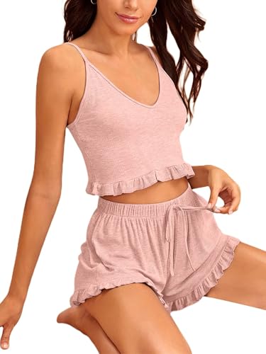 Image of Avanova Women Sexy 2 Piece Pajama Set Ruffle Trim Cami Top and Shorts Sleepwear Set