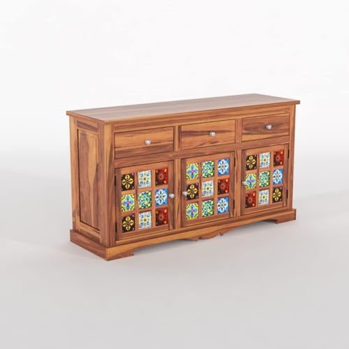 Image of Sheesham Wood Sideboard and Cabinets | Wooden Side Board Tv Cabinet with Multicolor Tiles for Living Room | Free Standing Buffet Cabinet with 3 Drawers & 3 Door Storage | Natural Finish