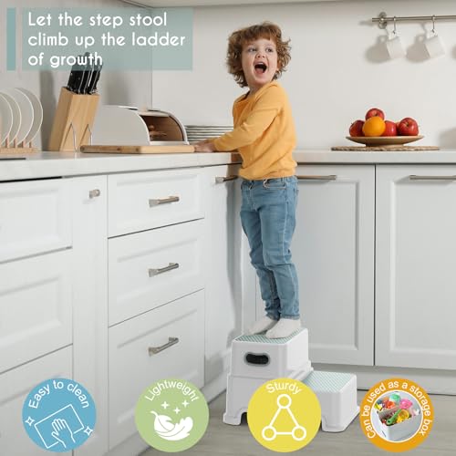 Image of Victostar 2 Step Stool for Kids, Anti-Slip Sturdy Toddler Two Step Stool for Toilet Potty Training, Bathroom,Kitcheng (Green-White)