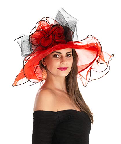 Women's Organza Church Kentucky Derby British Fascinator Bridal Tea Party Wedding Hat Summer Ruffles Capï¼ˆHL-Red Balck Lineï¼‰