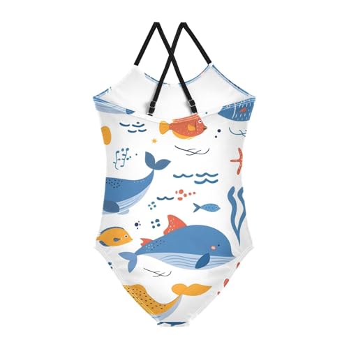Bolaz Girls Swimsuits One-Piece Bathing Suits Multicolor Kids Sport Summer Beach Swimwear for 3-10 Years Old-Cartoon Sea Animals Seamless Fish Pattern for Wrapping Paperv2