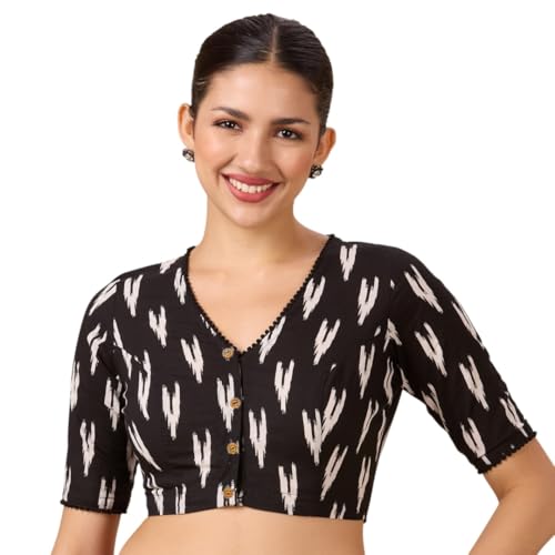 Image of Studio Shringaar Women's Readymade Black Cotton Block Printed Elbow Length Sleeves Saree Blouse