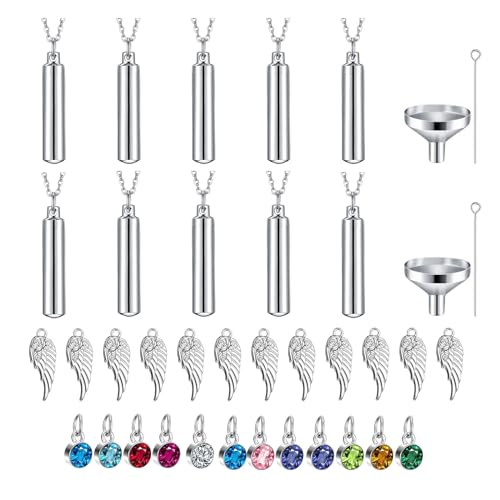 10 Pieces Urn Necklace for Ashes, 10 Pieces Urn Necklace, Stainless Steel Cremation Jewelry for Women Men, Cylinder Memorial Necklaces Keepsake Pendant with Funnel(Silver)