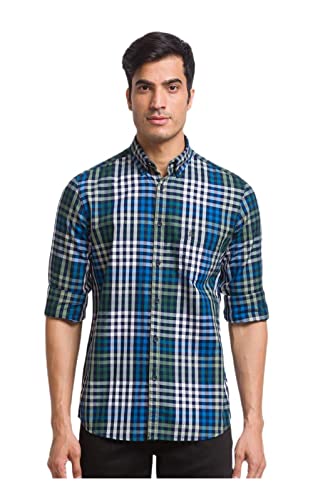 Image of Parx Green Checks Slim Fit Casual Shirts for Men