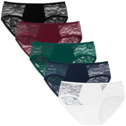INNERSY Womens Pants Underwear Sexy Mesh Lace Panties Ladies Cotton Hipster Knickers Multipack 5 (14, Black/White/Red/Navy Blue/Green) Cover