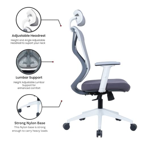 Image of ErgoLab Glider Eco Office Chair | 3 Year Warranty | High Back Ergonomic Mesh Chair for Office Work at Home, Revolving Computer Chair Cushion Seat and Adjustable Height and 1D Armrests - White Grey