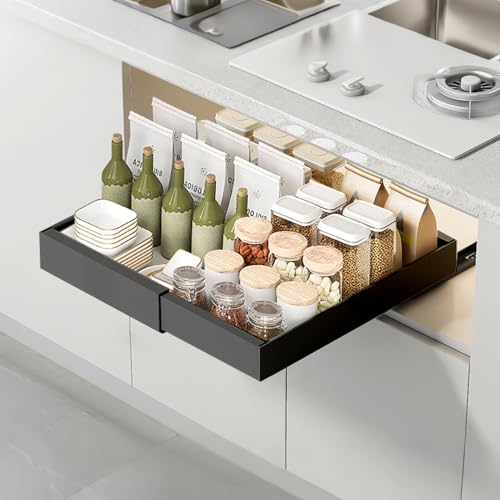 SEGNAYEN Pull Out Cabinet Organiser, Slide Out Drawers for Kitchen Cabinets Storage,Self Adhesive Sliding Shelf for Kitchen Pantry Organization Expandable Adjustable Width 32cm-52cm, 1 Pack