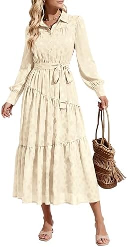 dowerme Women's Casual Dresses 2025 Fall Fashion Long Sleeve Button Up Floral Print Belted Tiered Boho Maxi Party Dress
