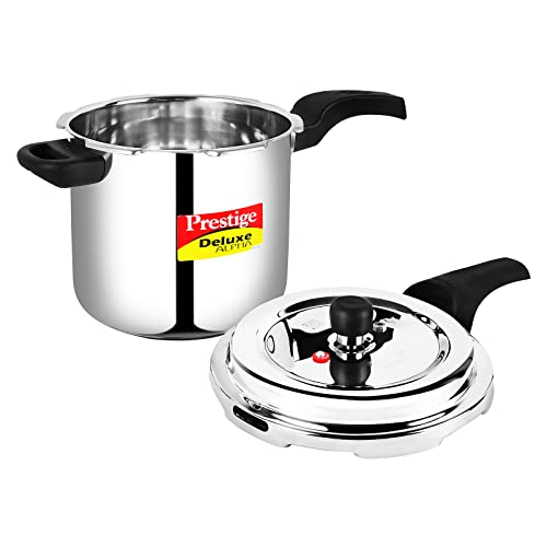 Image of Prestige Svachh Deluxe Alpha 5.5 Litre Stainless Steel Outer Lid Pressure Cooker & Prestige Omega Deluxe Granite Aluminium Kitchen Sets with 1 Glass Lid (Black) - 3 Pieces