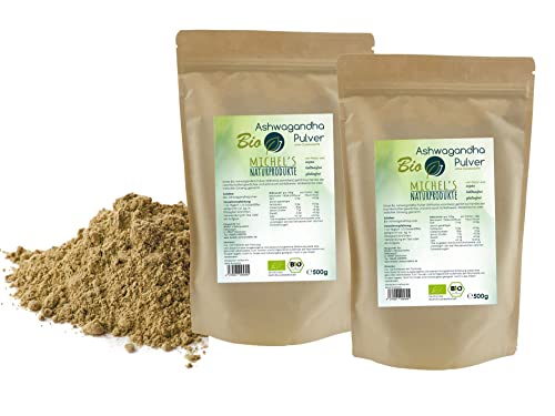 Michel`s Naturprodukte Ashwagandha Pulver BIO - 1kg (2x500g) 100% echtes indisches Bio Ashwagandha Pulver aus kontrolliert biologischem Anbau Sehr Fein Gemahlen Vegan Gluten- & Laktosefrei