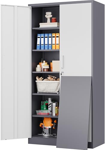 Image of Wide & Deep Metal Storage Cabinet with 2 Doors and 5 Adjustable Shelves,72 inch Tall Locking Garage Storage Cabinet with Lock,Gray White Pantry Cabinets,Steel Cabinets for Home,Office,Garage 72x36x18