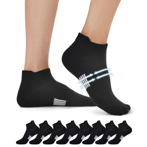 FALARY Calzini da ginnastica da donna 39-42 Calzini sportivi da uomo Calzini da corsa Calzini corti Calzini da corsa in cotone traspirante Calzini da allenamento alla caviglia Mezze calze 8 paia Nero