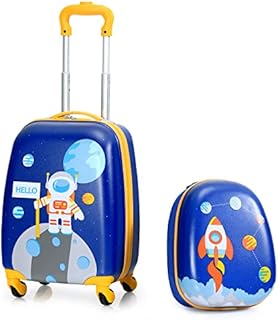 GYMAX 2Pc Kids Luggage Set, 12" & 16"/18" Children Hand Trolley Case with 4 Spinner Wheels, Carry On Suitcase for Boys & Girls Travel School (12" & 16", Blue)