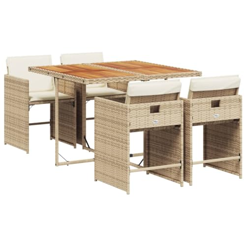 Image of 5-Piece Beige PE Rattan and Acacia Wood Patio Dining Set with 4 Chairs, Compact Foldable Outdoor Furniture for Garden Backyard, Weather-Resistant Cushions and Durable