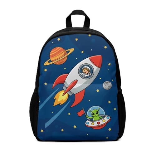 Mini Mochila Escolar Infantil Espacial com Foguete e Astronauta, Nylon 600 Resistente, Alças Ajustáveis, 11 x 27 x 38 cm, Azul