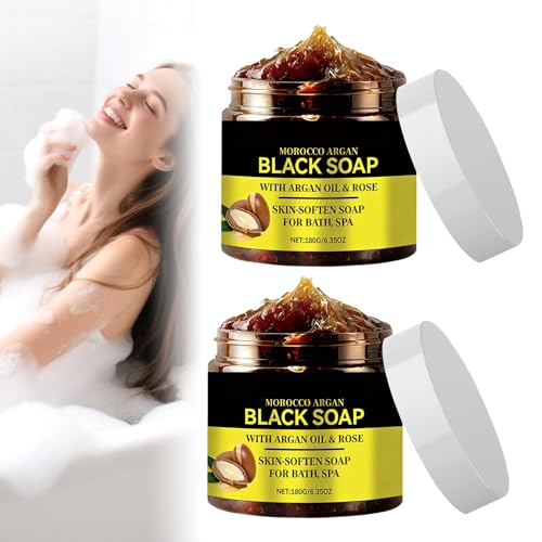2pcs Jabón Negro Marruecos,Marruecos Jabón Negro con Argán y Rosa,Morocco Black Soap,100% jabón negro Marroquí Orgánico,Exfoliante Corporal de marruecos,Gel de Ducha Exfoliante para Piel Suave