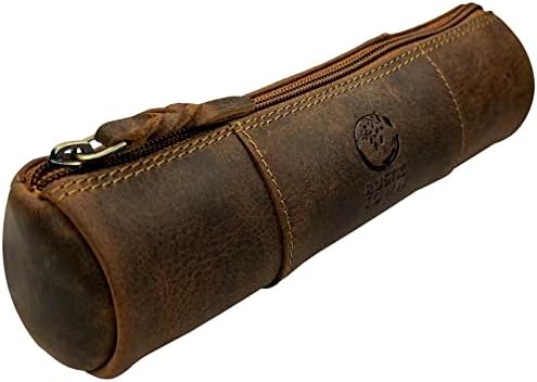 Rustic Town Handmade Leather Pencil Case with Zipper for School Work and Office