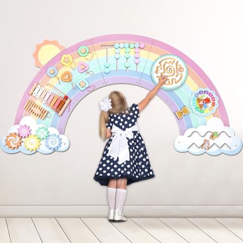 Image of 5FT Large Pastel Rainbow Wooden Activity Wall Panel for Toddler Educational Montessori Toy for Kids Interactive Sensory Toys Sensory Activity Busy Board Daycare Learning Center Toddler Room Decor