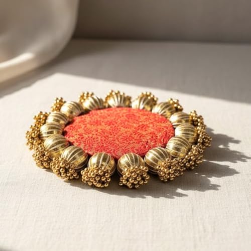 Image of SATYAM KRAFT 6 Pc Handmade Jhumki Platter (4 Inch) with Gota Patti & Golden Moti | Ganpati & Janmashtami Decoration, Festive Home Decor, Pooja Setup, Table Centerpiece & Gifting Item