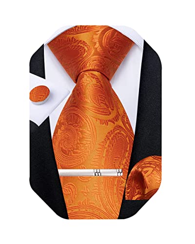 Image of DiBanGu Paisley Ties for Men Silk Necktie and Pocket Square Cufflinks Tie Clip Set Woven Classic Mens Tie for Wedding Party