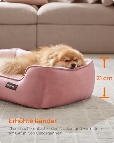 Feandrea Hundebett, Hundekissen in Leinenoptik, Hundekorb, erhöhte Ränder, rutschfeste Unterseite, Bezug abnehmbar waschbar, M, für kleine Hunde, 70 x 55 x 21 cm, pastellrosa PGW010R01
