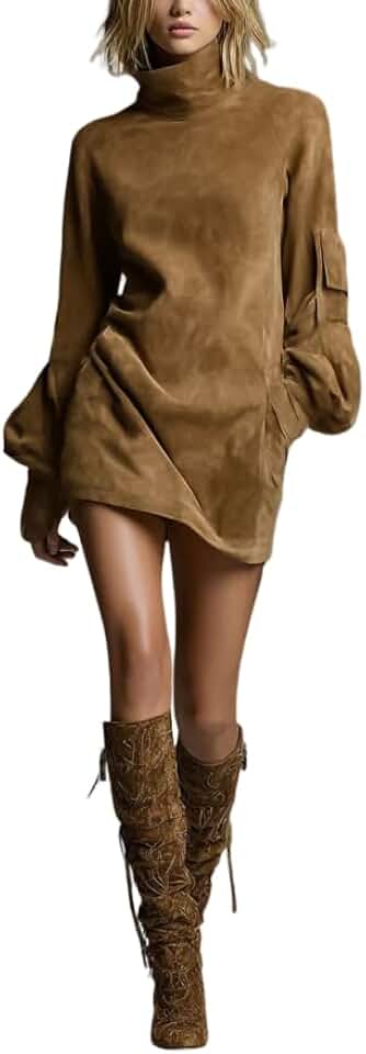 Vestido feminino casual de camurça sintética 2025 outono inverno gola alta lanterna manga longa com zíper vestidos com bolsos