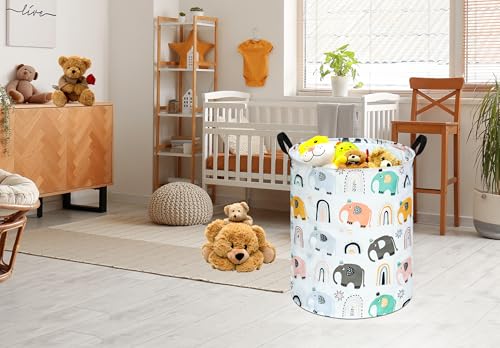 Image of Round Rainbow elephant Pattern Laundry Hamper Clothes Storage Basket Fabric Storage Hamper Organization Storage Bin, Nursery Box,Gift Basket with Handles