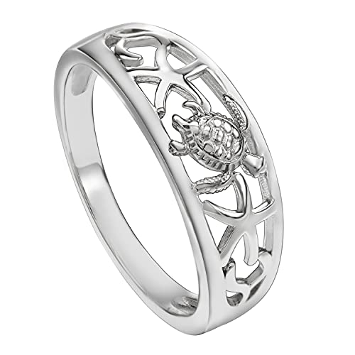 Aloha Jewelry Company 925 Sterling Silver Tapered Hawaiian Sea Turtle and Starfish Ring Wedding Engagement Promise Band, Nickel Free Hypoallergenic for Sensitive Skin, with Gift Box