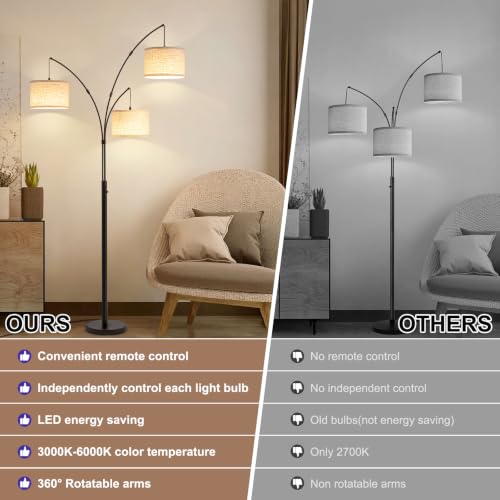 3 Light Arc Floor Lamp with Remote, Beige Shade Black Pole - Image 2