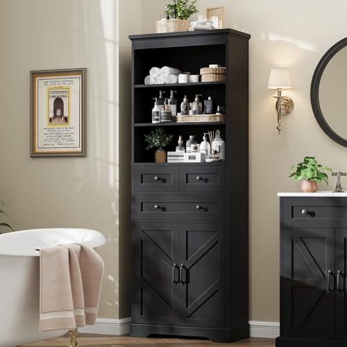 Image of Vabches 70 inch Tall Bathroom Storage Cabinet, Farmhouse Bathroom Cabinet with 3 Drawers, Adjustable Shelves & Doors, 3 Tier Wood Cabinets for Bathroom, Living Room, Rustic Black