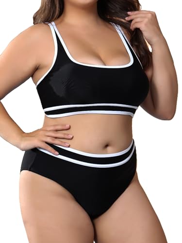 Plus Size Women's High Waist Bikini - Tummy Control Two Piece Bathing for Curvy Busty Black Sexy Swimsuits