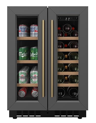 Image of KoolMore Reserve 24 in. French Door Dual Zone Panel Ready Under-Counter Cooler with Wooden Shelves and 20 Bottle Capacity in the Right Zone and 2.1 Cu. Ft. on the Left in Black (KM-CWB24-WPR)