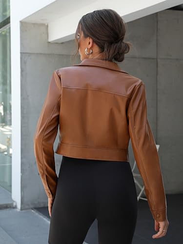 EFJONE Womens Clothes Fall Fashion 2023 Pocket Button Front Regular Sleeve Cropped PU Jacket Long Sleeve casual Jackets2