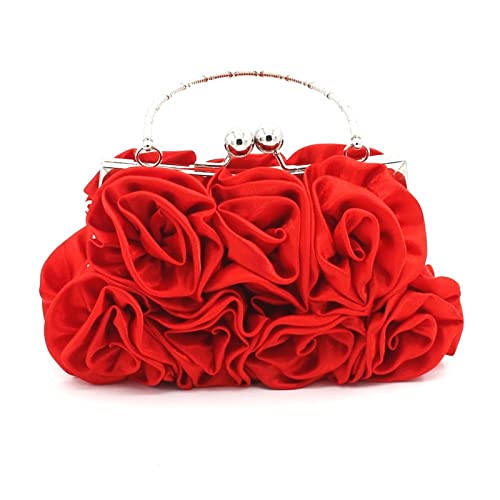 JAMBHALA Women Evening Clutch Bag Dressy Floral Satin Small Purses with Detachable Strap for Party Prom Formal Red