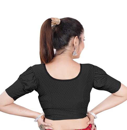 Image of Women's Black Embroidered Crop Top with Short Puff Sleeves, Scoop Neck
