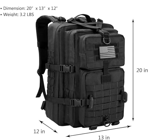 Image of Hannibal Tactical MOLLE Assault Backpack, Tactical Backpack Military Army Camping Rucksack, 3-Day Pack, D-Rings, Black with Gray Patch