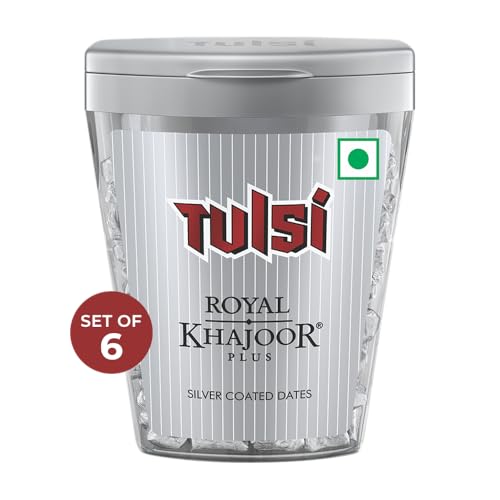 Tulsi Royal Khajoor Plus|Pack Of 6 (30 Gram X 6)|Silver Coated Khajoor|Dates| Mint Mouthfreshner Jar|Flip Top Pack