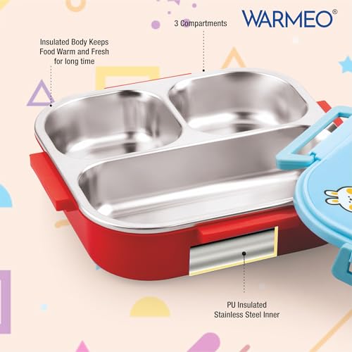 Image of WARMEO Jerry Insulated Lunch Box with Three Compartment BPA Free, Kids Lunch Box,Food Grade Ideal for School, Picnic, Office & Outdoor - 500ml Popcorn, Stainless Steel
