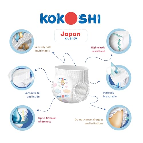 Kokoshi Premium Baby Pants Size – Japanese Quality, Ultra-Soft, Hypoallergenic, 12h Dryness, Leak-Proof, Eco-Friendly Nappies