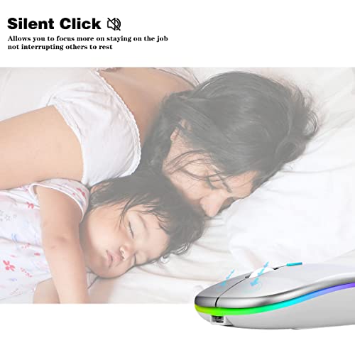 Image of WREANU Wireless Bluetooth Mouse, Rechargeable Laptop Mice, Silver | LED Lights, Dual Mode(BT5.2 & 2.4G Portable USB Receiver) Silent Slim Computer Mouse for Laptop /iPad /Tablet /Computer /Mac