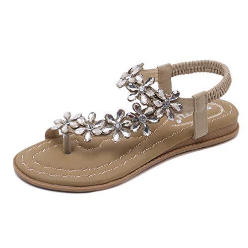 ZOEREA Sandalias de Mujeres Planas Verano Bohemia Moda Rhinestone Flor Damas Zapatos Correa Elástica Punta Abierta Casuales de Playa Chanclas Estilo 1 Beige, 37 EU