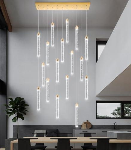 Image of Rectangular Chandeliers 17-Lights Long Light for Entryway LED Dimmable Chandeliers Lighting Fixture Flat Sloped High Ceiling Pendant Lights Crystal for Living Room Foyer Hallway Staircase Gold