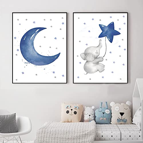 Image of Stars and Moon Nursery Pictures Elephant Nursery Canvas Cartoon Animal Poster Star Nursery Pictures Cute Moon Art Blue Star Poster Nursery Elephant Painting Blue Balloon Wall Art 12x16inchx2 No Frame