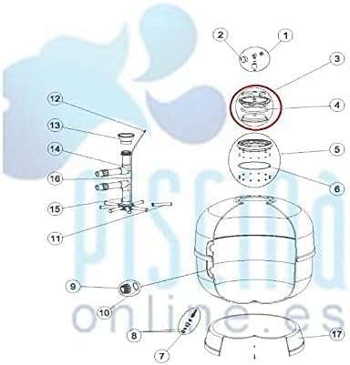 Exploded diagram of an AstralPool Aster filter system, showing components including the filter cap and internal parts.