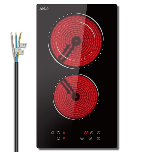 Plaque Vitrocéramique 2 Feux, Hobsir Plaque Cuisson Vitrocéramique, 29cm Encastrable, Domino Plaque de Cuisson électrique, 3200W, Pas de Prise, Minuterie, Verrouillage de Sécurité, Pas de Prise
