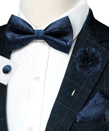 Image of RBOCOTT Paisley Bow Tie and Pocket Sqaure Set with Lapel Pin and Cufflinks for Men