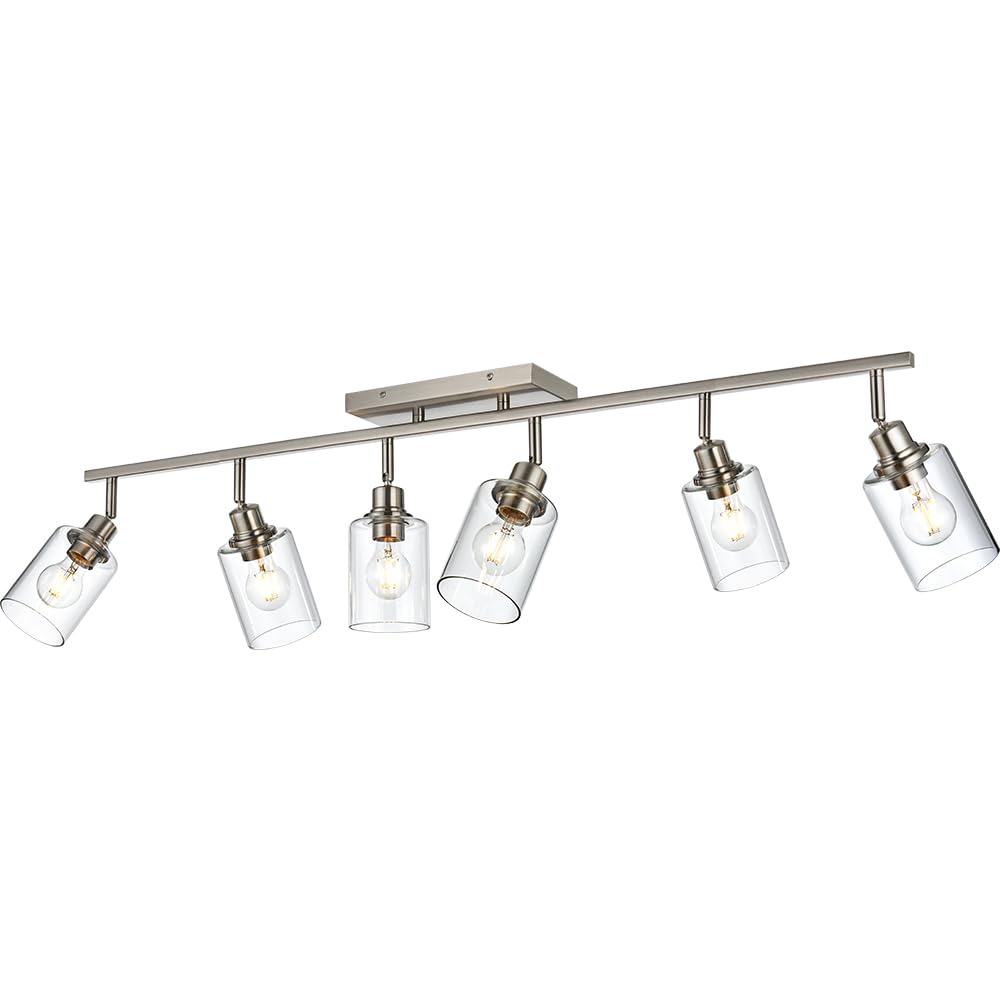 6 Light Track Lighting Kit,Brushed Nickel Bathroom Lighting Fixtures Over Mirror with Clear Glass Shade Rotatable Light Heads Semi Flush Mount Ceiling Light for Kitchen, Living Room