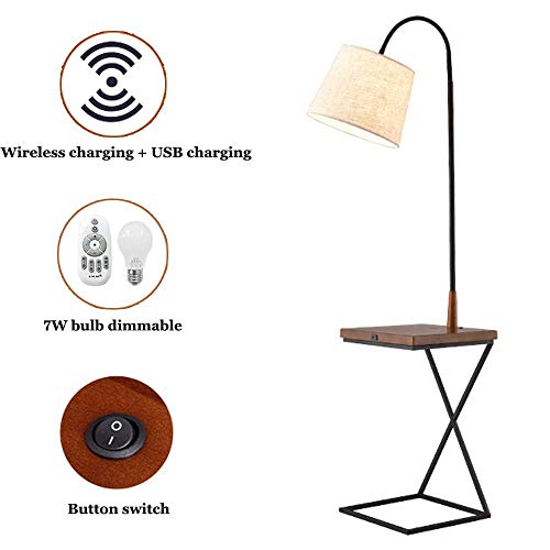 Lampadaire trépied dimmable LED, lampadaire trépied en fer 7W avec charge sans fil et port de charge rapide USB Lampe de lecture Table en bois pour salon, chambre à coucher ou étude, lampe artisanal