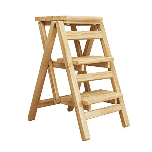 WYF-ZB Massivholz Stabile Stufenleiter Stühle Regal, Folding Sicherheit Ascending Hocker 3 Stufen Leiter for Hauptküche, Naturholzfarbe Cover